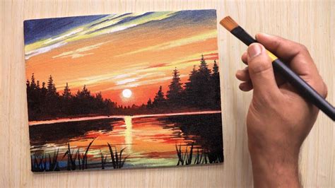 Acrylic painting of Beautiful sunset landscape step by step - YouTube | Sunset painting ...