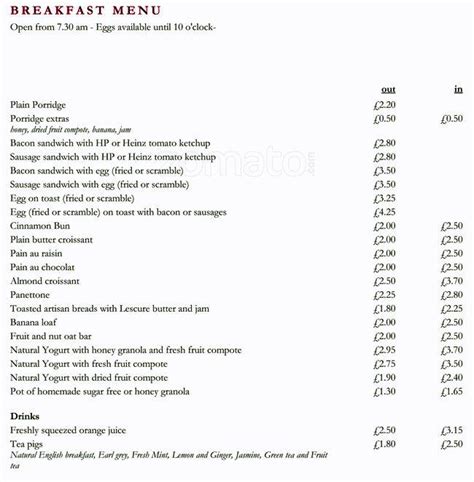 Menu at Hilliard cafe, London