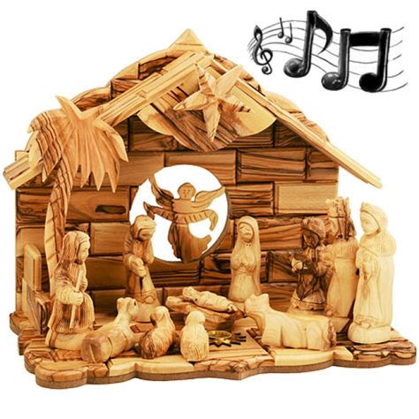 Musical Nativity Set Olive Wood 12 Piece with Carved Faces - Holy Land Christian Gifts