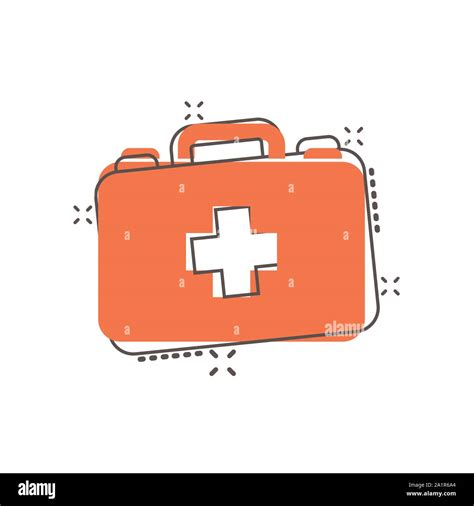 First aid kit icon in comic style. Health, help and medical diagnostics vector cartoon ...