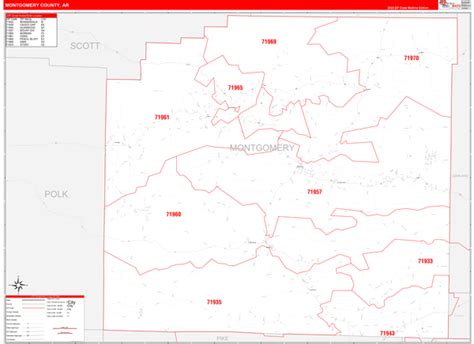 Montgomery County, AR Zip Code Wall Map Red Line Style by MarketMAPS ...