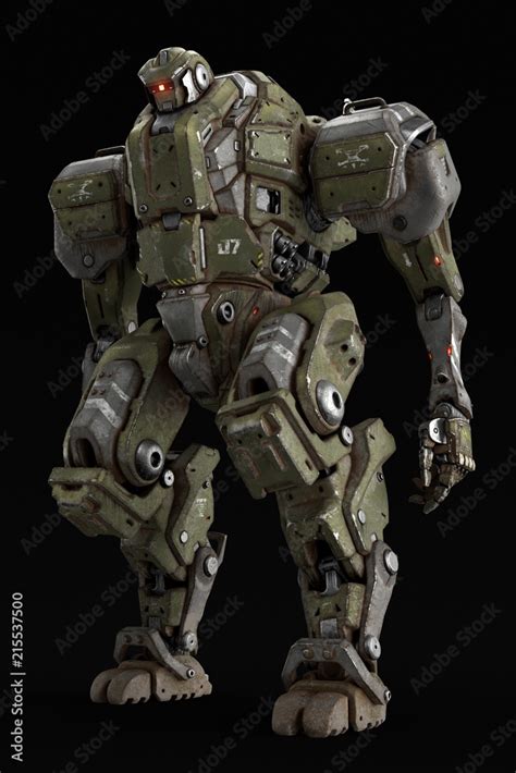 Sci-fi mech soldier standing on a black background. Military futuristic robot with a green and ...