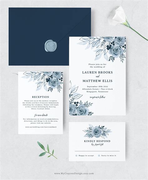 Dusty Blue Wedding Invitations Diy Floral Wedding Invitation | Etsy