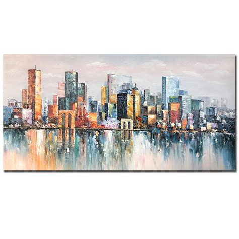 Bouvy Art,24x48Inch 100% Hand Painted City Skyline Framed Oil Paintings ...