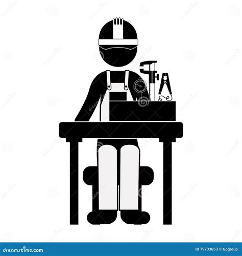 Black Silhouette Engineer Sitting with Measuring Elements Stock Vector ...