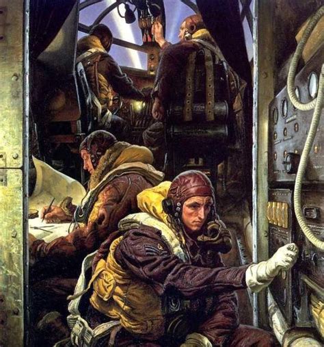 inside a Stirling bomber Mk3 with its crew of four men preparing for takeoff. Pilot and Copilot ...