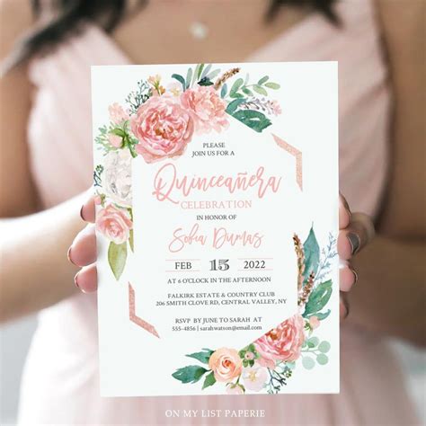 Floral Gold Rose Quinceañera Invitation, Quinceanera Invite, Editable ...