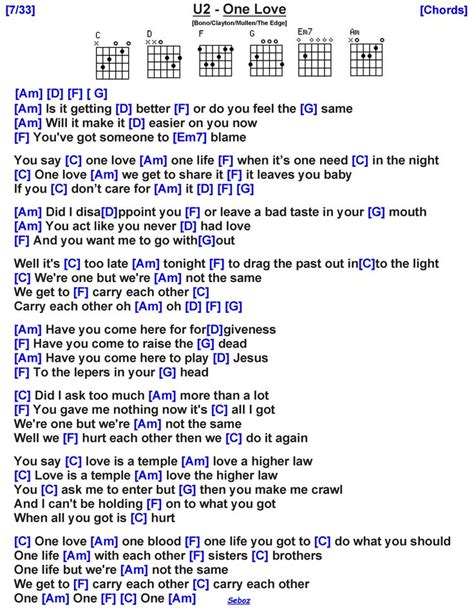 U2 - One Love | Guitar lessons songs, Lyrics and chords, Guitar chords for songs