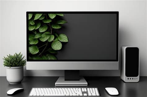 Computadora de escritorio moderna con una pantalla vacía en un escritorio pantalla en blanco ...