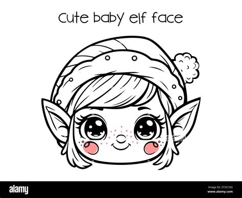 Cute Christmas elf face, Santa's helper, line drawing vector illustration. Outlines Stock Vector ...