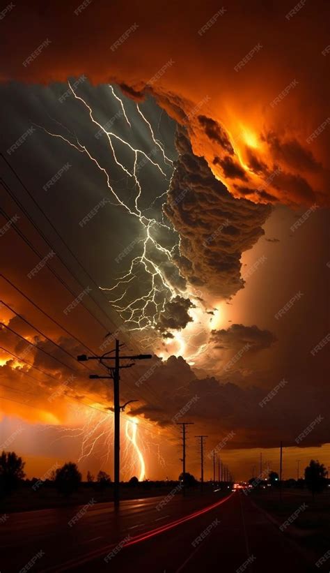 Premium Photo | A lightning storm with a red sky and a yellow sky with ...