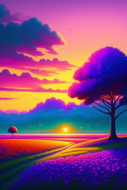 Premium AI Image | A painting of a lavender field with a sunset in the ...