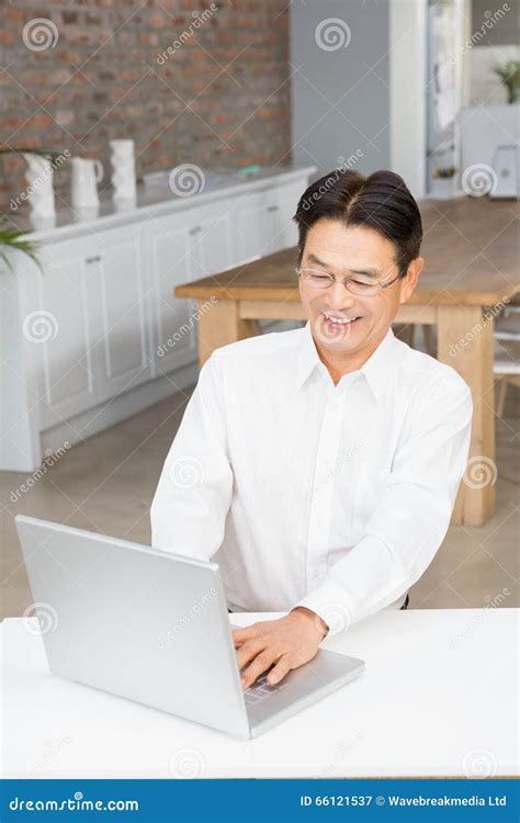 Smiling man using laptop stock image. Image of person - 66121537