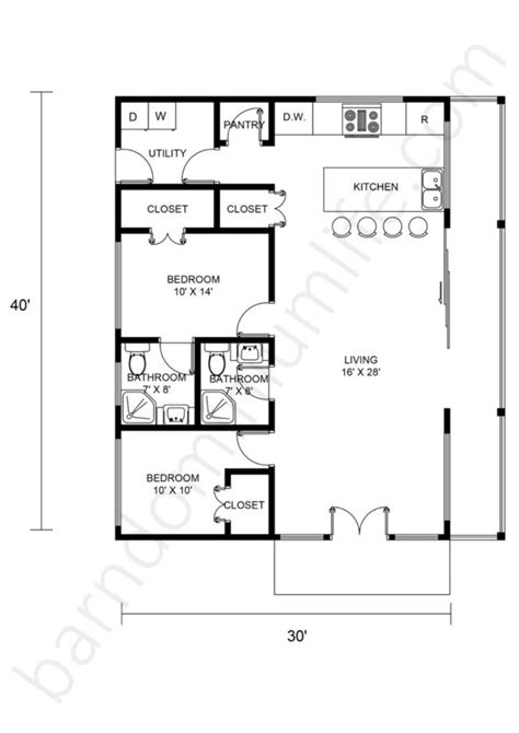 Three Bedroom 30X40 Barndominium Floor Plans - floorplans.click