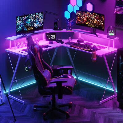 Gaming Desk L Shaped Desk,Office Desk Metal Frame Desk with LED Lights & Outlets | eBay