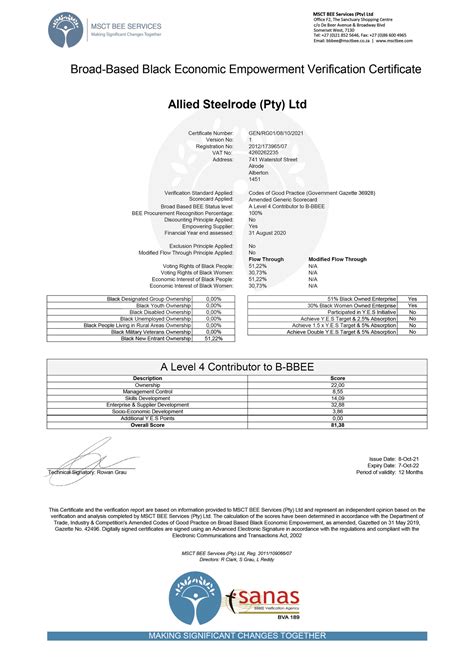 BBBEE Certificate – Allied Steelrode