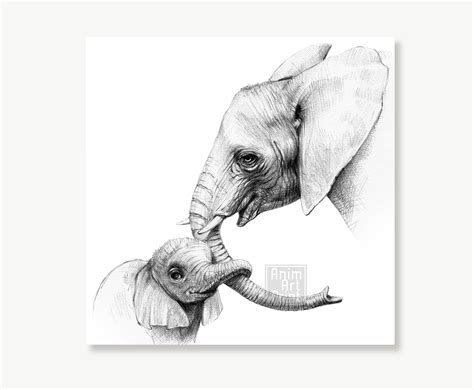 Baby Elephant and Mom Black & White Print Mother Elephant - Etsy UK