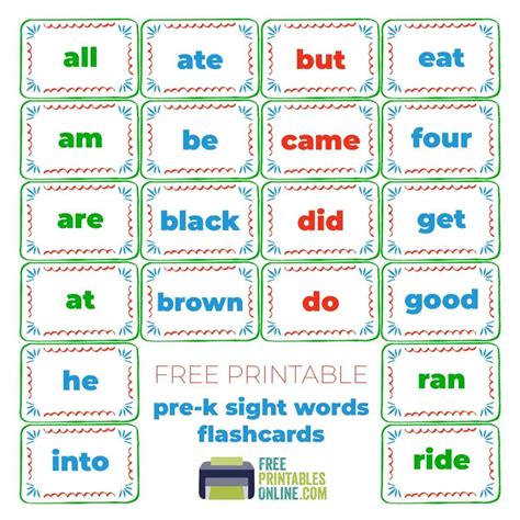 Free printable sight words for kindergarten flash cards - identityjes