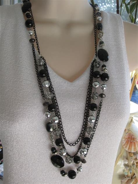 Long Black Beaded Necklace Chunky Black Beaded Necklace