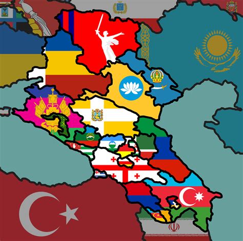 A flag map of the Caucasus region with surrounding states shown for ...