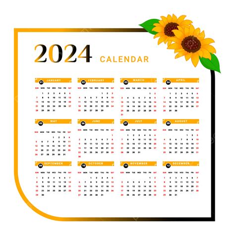 2024 Yearly Calendar With Flower Frame Vector, Calendar, 2024 Calendar, Yearly Calendar PNG and ...