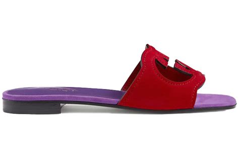 Gucci Interlocking G Cut Slide Sandal Red Purple Suede - _694451 C2000 6500 - FR