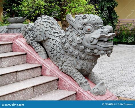 Qilin Small Dragon Statue At Temple Stairs Stock Image | CartoonDealer.com #58344901