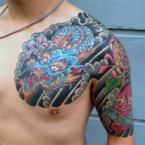 Blue Japanese Dragon Mens Chest And Half Sleeve Tattoo | Dragon tattoo chest, Japanese tattoo ...