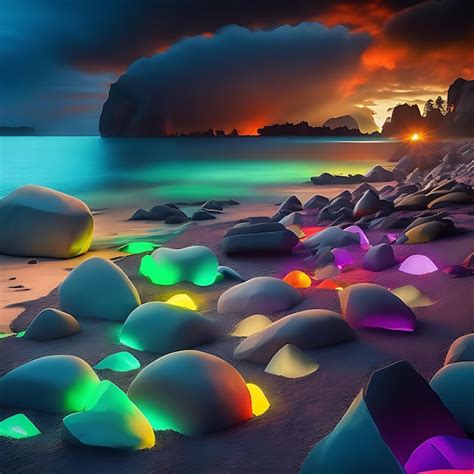 Premium AI Image | Fluorescent Stones Beach Wallpaper