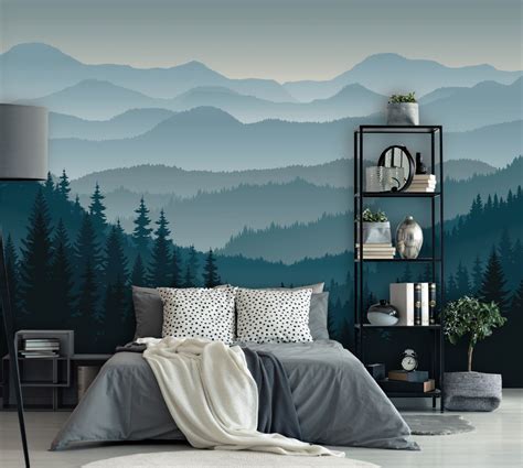 3D Mountain Peel and Stick Wallpaper Removable Self Adhesive Blue Mountain Mural Ombre Pine ...