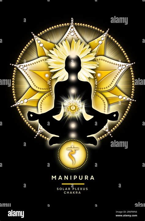 Solar plexus chakra meditation in yoga lotus pose, in front of Manipura chakra symbol. Peaceful ...