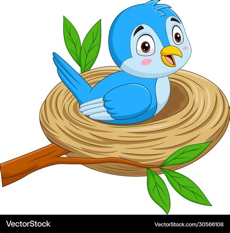 Cartoon blue bird sitting in a nest Royalty Free Vector