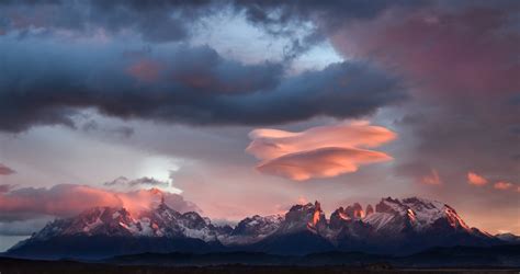 Lenticular clouds at sunrise, Torres del Paine, Chile, Chile, Patagonia, Cloud, Mountain, Torres ...