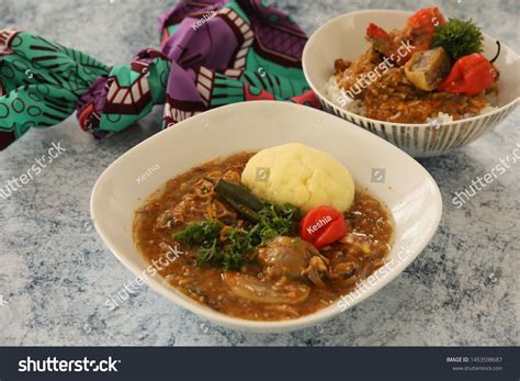 Nigerian Okra Soup Plantain Fufu Rice Stock Photo 1453598687 | Shutterstock