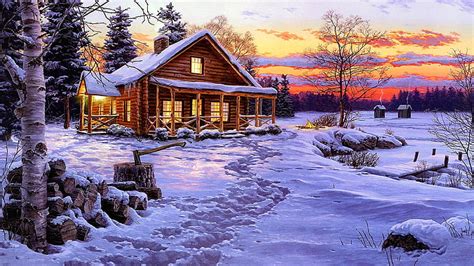 HD wallpaper: painting, winter, landscape, painting art, snowy, log ...