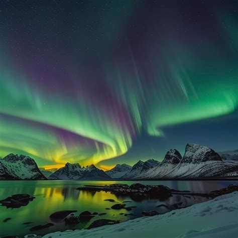 Premium AI Image | Green and purple aurora borealis over snowy ...