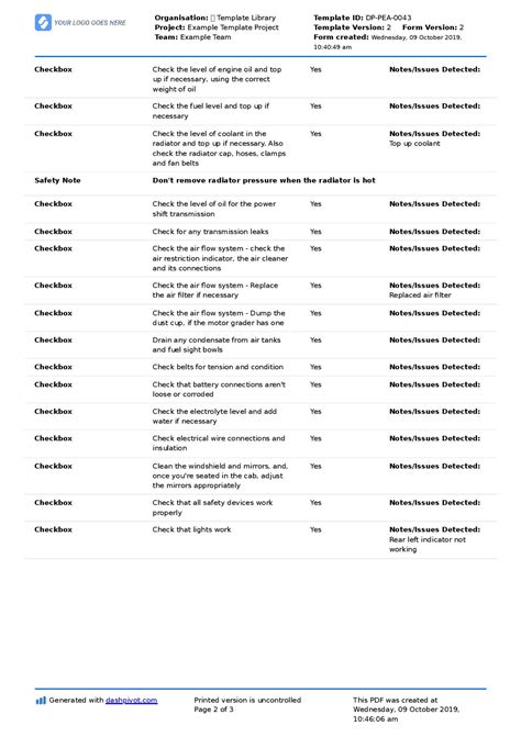 Motor Grader Inspection Checklist template (Free and editable)