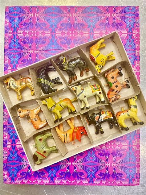 Set of 12 2 Wooden Animal Figurines Hand Carved & Painted Animals ...