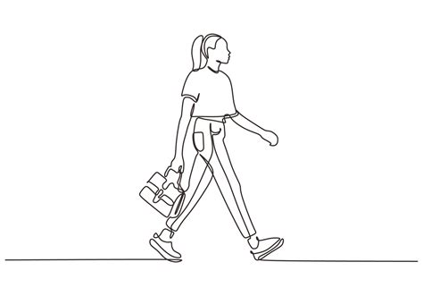 Continuous one line drawing of fashionable young woman walking. Vector of girl walk on the ...