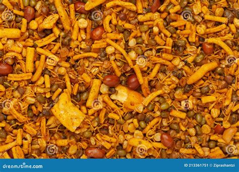 Close-up of Spicy Ratlami Mixture Indian Namkeen Snacks Full-Frame Background. Stock Image ...