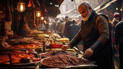 Premium AI Image | Bustling Turkish Bazaar with Kebabs and Baklava Vendors