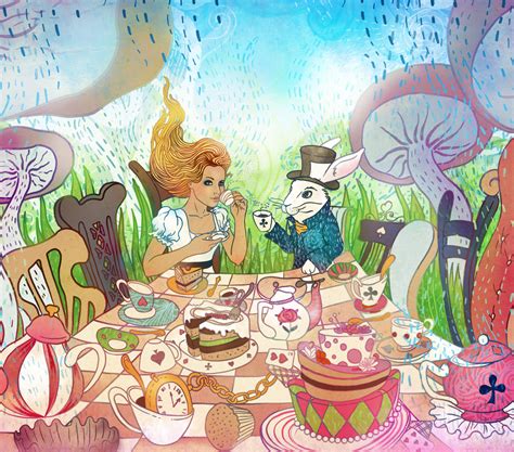 Mad Tea Party. Alice's Adventures in Wonderland illustration. Girl, white rabbit drink from cups ...