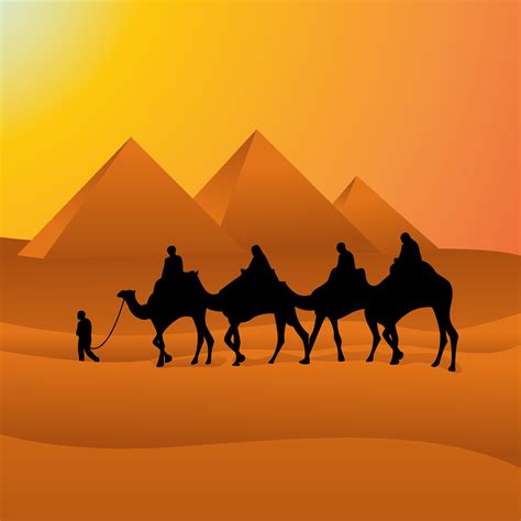 Camel Caravan Crossing Egypt Pyramid Desert Arabian vector Landscape Illustration 10384120 ...