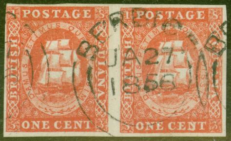 British Guiana 1853 1c Vermilion SG11 Superb Used Pair BERBICE JA 27 ...