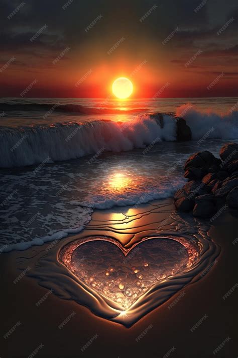 Premium AI Image | Heart in the sand with a sunset in the background ...