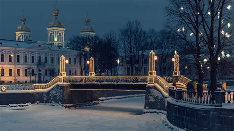 Bridge Night River Russia Saint Petersburg Snow Winter HD Travel Wallpapers | HD Wallpapers | ID ...