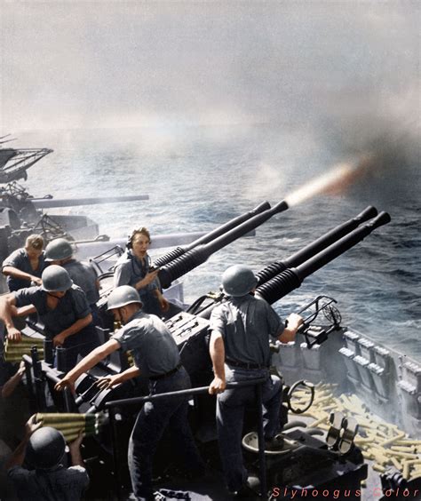 Bofors 40mm gun firing. Us Navy. : r/Colorization