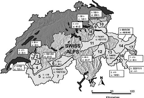 Map of Switzerland showing main lakes ( black ), the Alps ( light grey... | Download Scientific ...