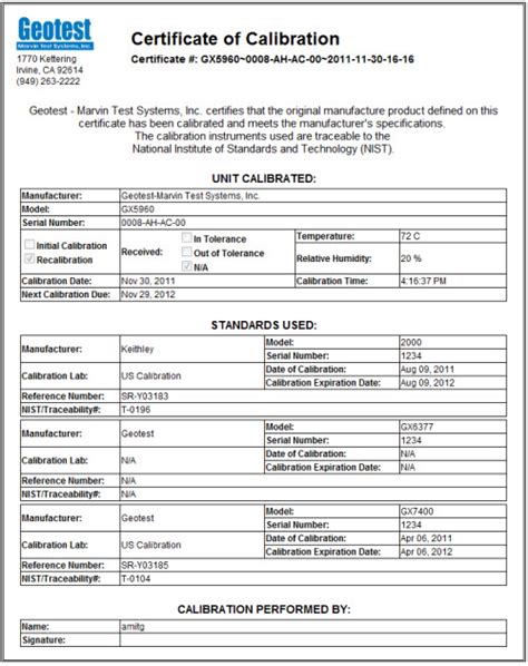 Calibration Certificate Template