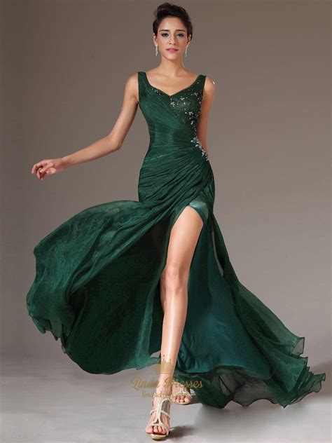 Emerald Green Chiffon V Neck Beaded Prom Dress With Side Draped Bodice ...